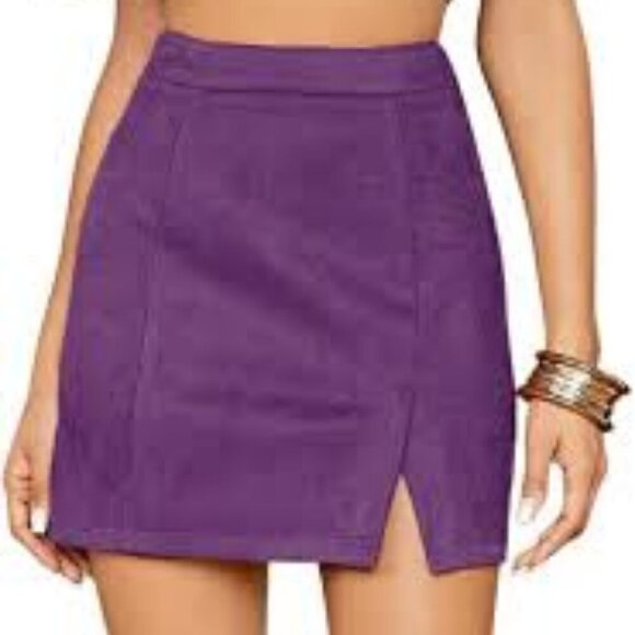 Women's Size L Grape Purple High Waist Faux Suede Side Split Bodycon Mini Skirt - Picture 1 of 9